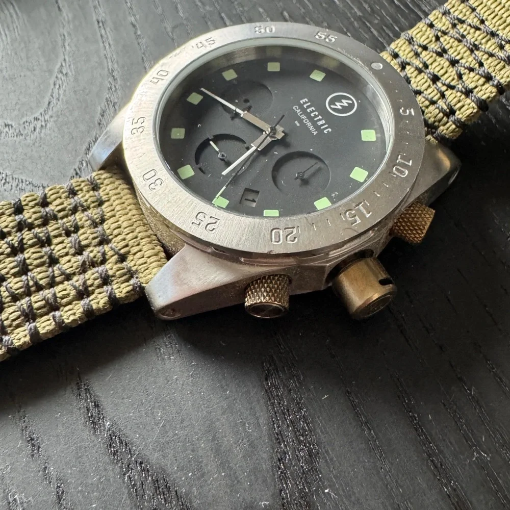 Electric DW01 Mens Chronograph Watch Black Dial Olive Nylon Band Contrast Stitch